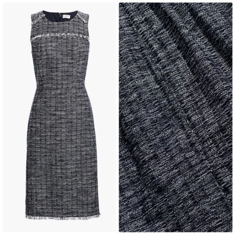 NWT J Crew Navy Blue Sheath Tweed with Fringe Accent Dress, Women’s 2